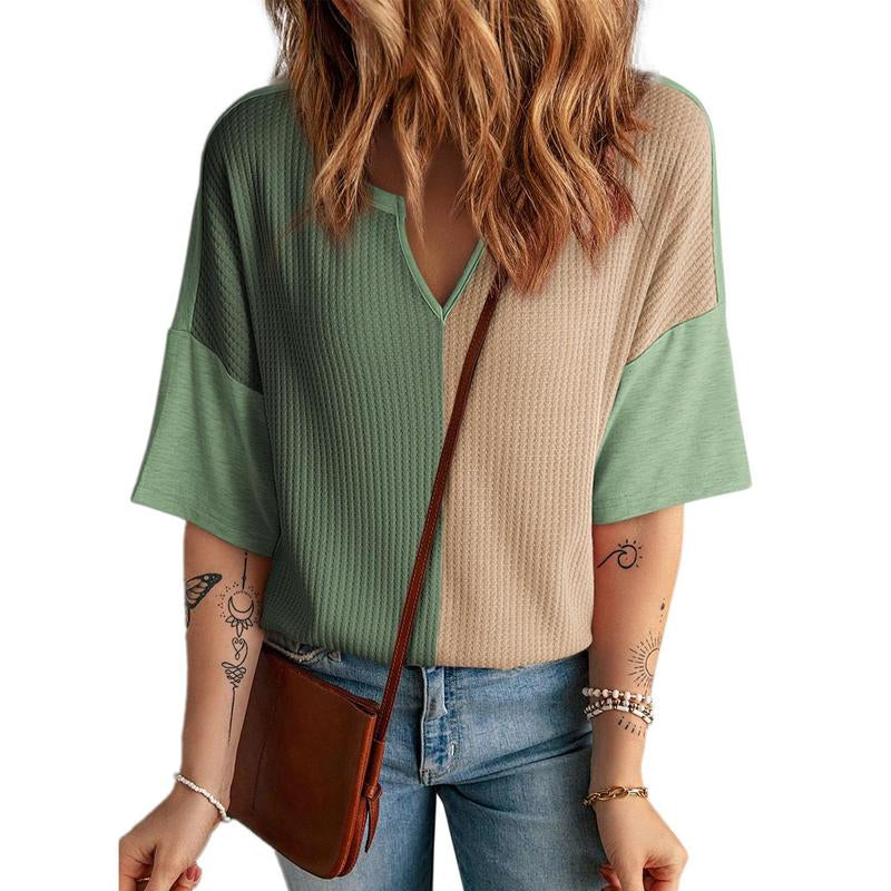 Dokotoo Womens Summer Tops Fashion 2025 Half Sleeve Waffle Knit Shirts Casual V Neck Colorblock Patchwork Blouses