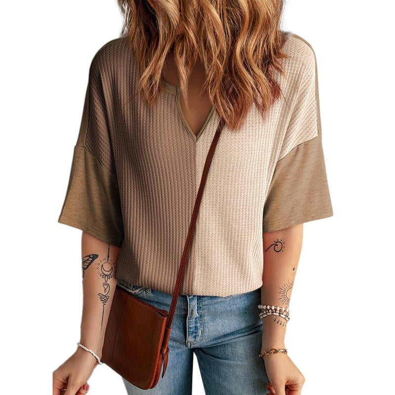 Dokotoo Womens Summer Tops Fashion 2025 Half Sleeve Waffle Knit Shirts Casual V Neck Colorblock Patchwork Blouses